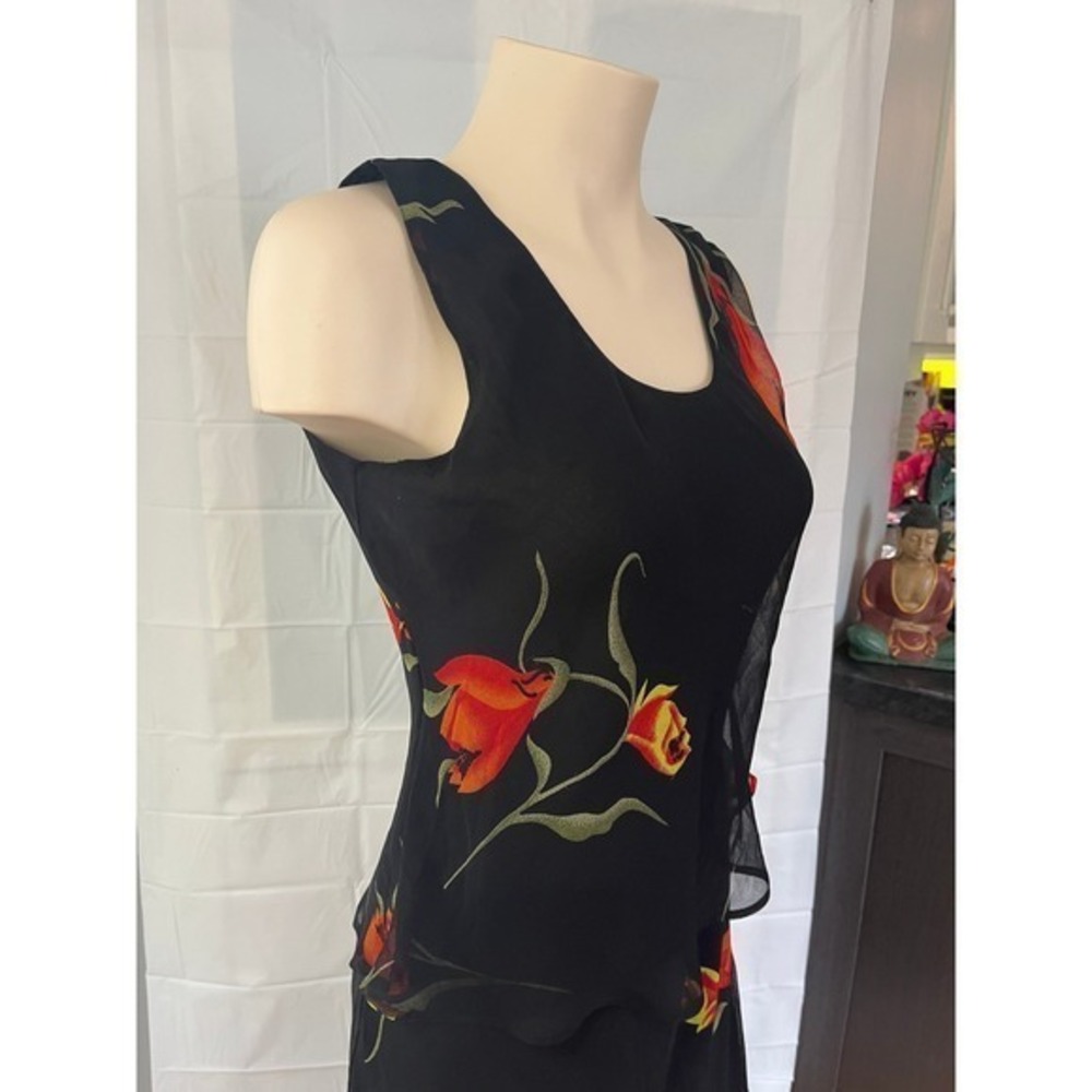 Nikky Vintage Floral Chiffon Maxi Dress Ruffle Tiered Black Red Orange - Picture 4 of 11